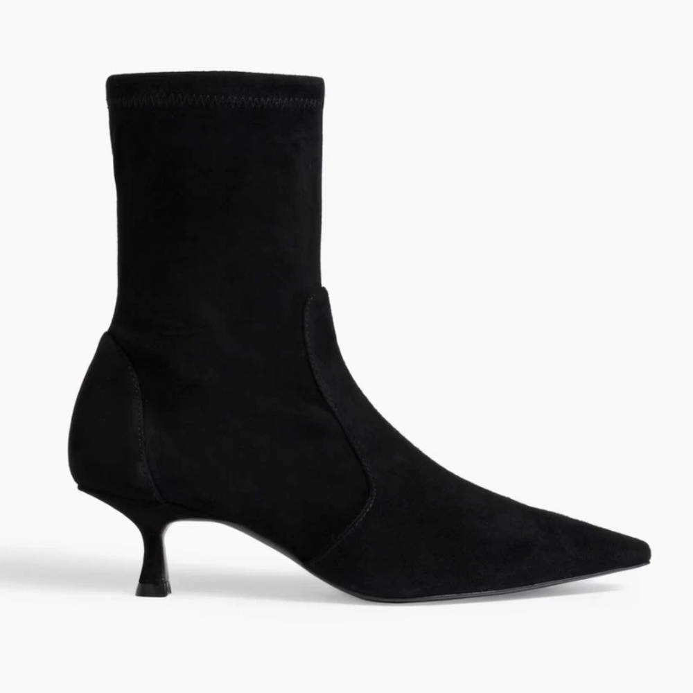 Stuart Weitzman Black Pointed-Toe Sock Boot with Kitten Heel